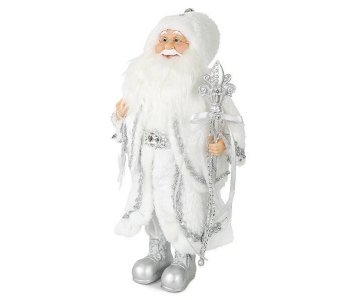 Дед Мороз в Длинной Серебряной Шубке со Снежинкой и Посохом 60 см Maxitoys